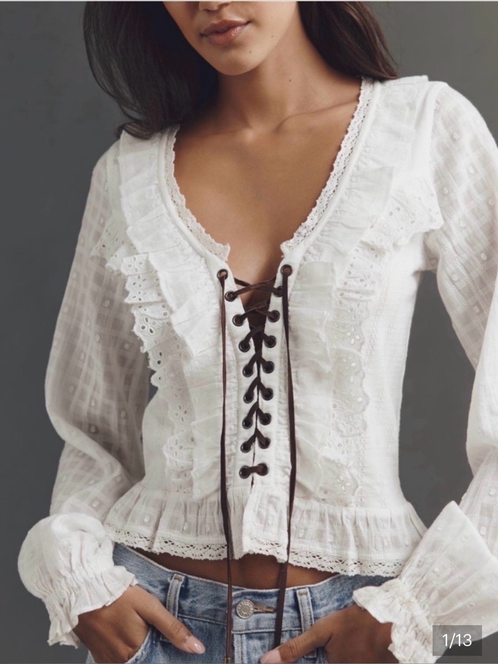 Anthropologie Boho Lace-Up Ruffle Peasant Blouse - White